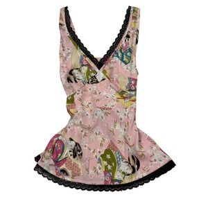 Y2K Pink Geisha Cherry Blossom Lace Trim Babydoll Peplum Blouse Sz L Fairycore